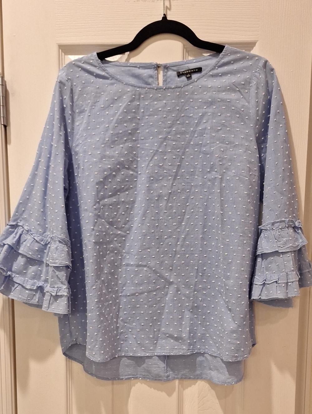 Staccato - Pale Blue Cotton Swiss Dot Ruffle Sleeve Top - Large
